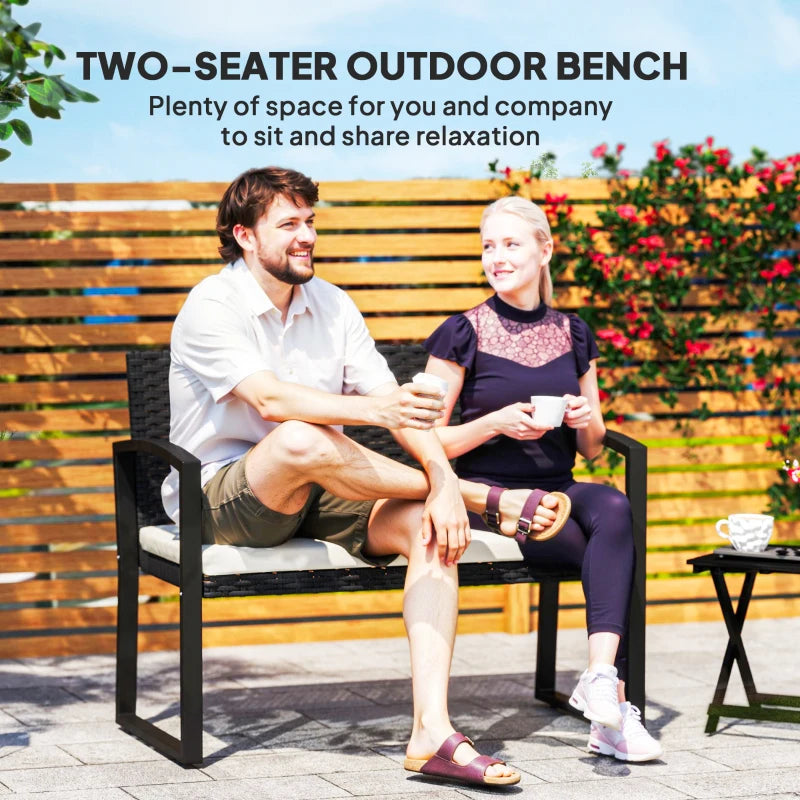 Two-Seater Rattan Garden Bench - Beige and Black - Outdoor Patio Furniture