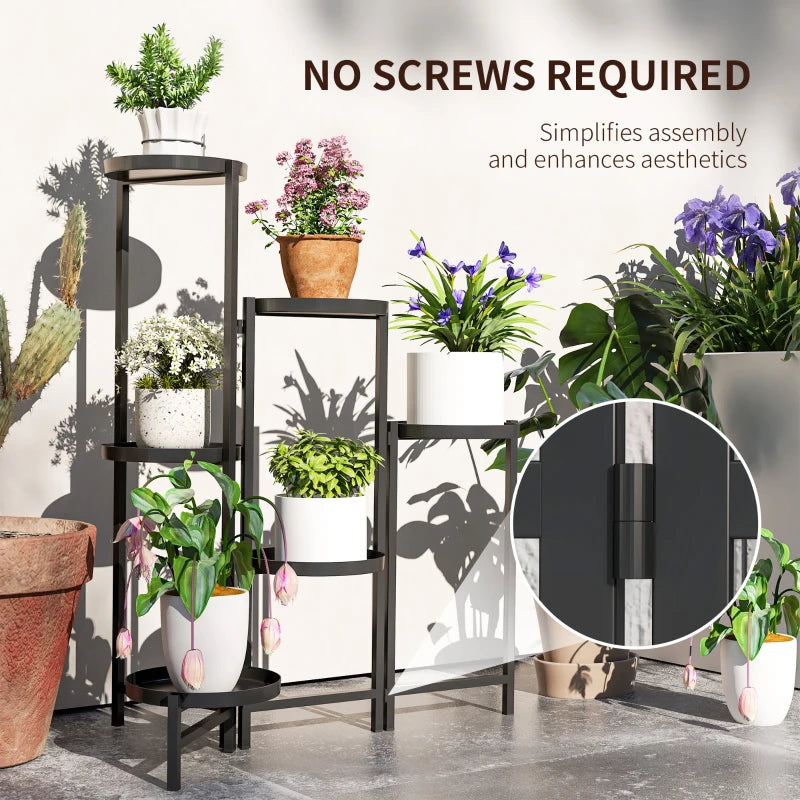 3 Tier Foldable Black Metal Plant Stand - Indoor Outdoor Corner Flower Pot Holder for Patio, Garden, Balcony, Living Room