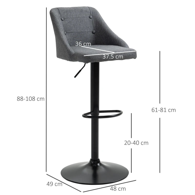 Modern Adjustable Bar Stools Set of 2 - Swivel Fabric Barstools with Footrest, Armrests & Back for Kitchen & Dining - Dark Grey