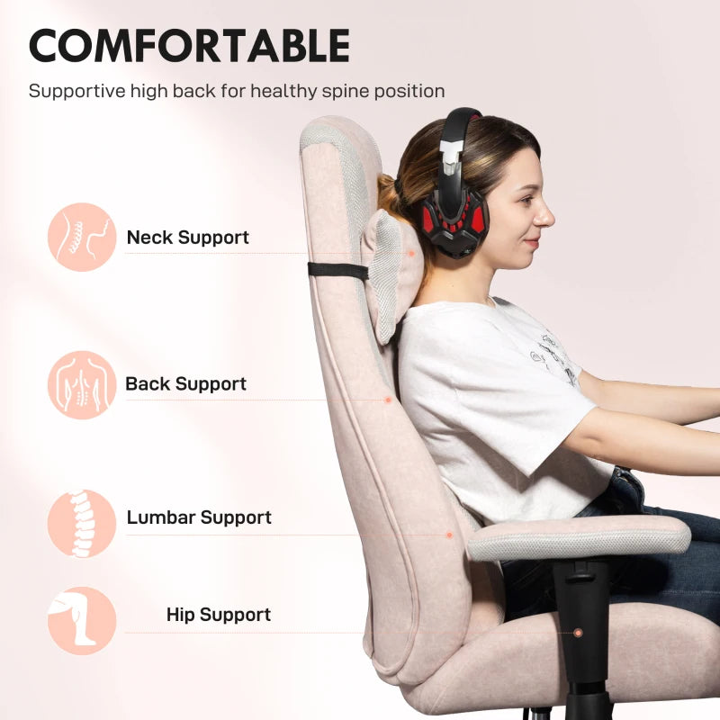 Ergonomic Pale Pink Fabric Gaming Chair with Lumbar Support & Headrest - Perfect for Comfort & Style in Gaming
