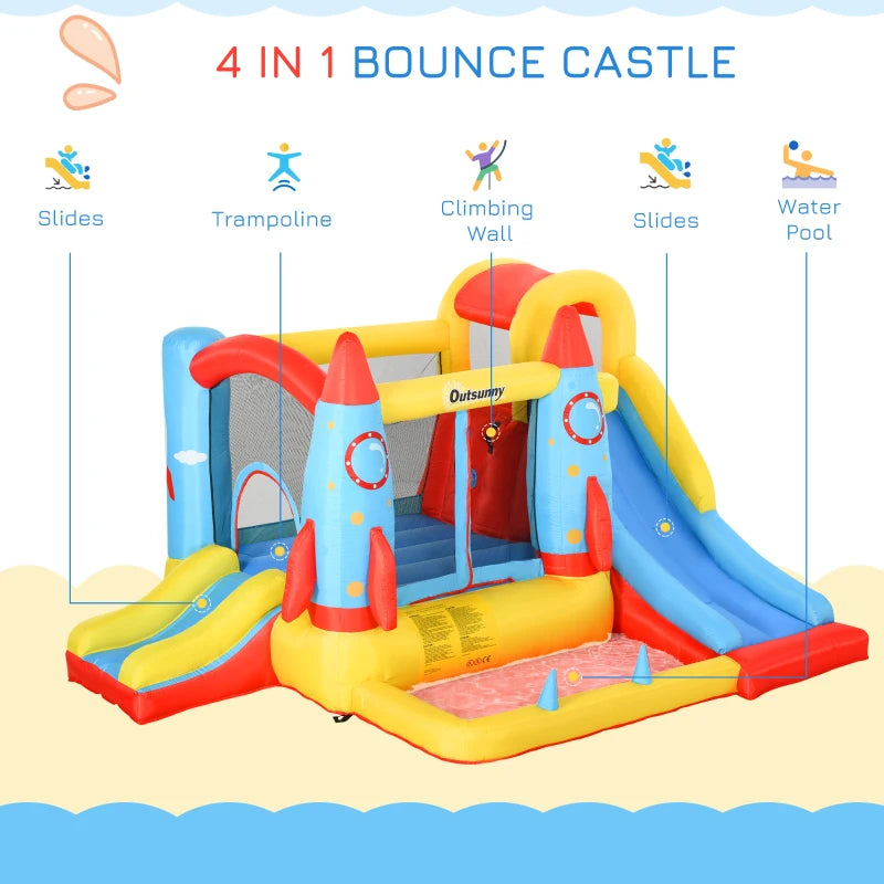 Inflatable Bounce Castle Trampoline Slide Pool Rocket Design 3.4m x 2.8m x 1.85m for Kids Outdoor Fun