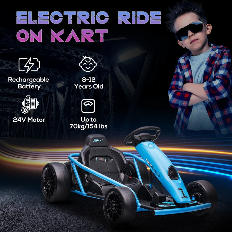 24V Electric Drift Kart for Kids 8-12 Racing Go Kart with 2 Speeds Steering Wheel and Pedals Blue