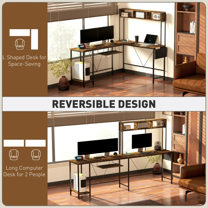 240cm Reversible L Shaped Desk with Power Outlet & Storage Shelves - Industrial Corner Computer Desk for 2 Person, Rustic Brown