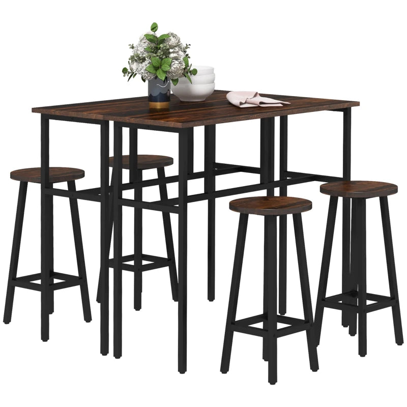 6-Piece Rustic Brown Bar Table Set - Space-Saving Counter Height Dining Set with 2 Tables & 4 Stools for Small Spaces