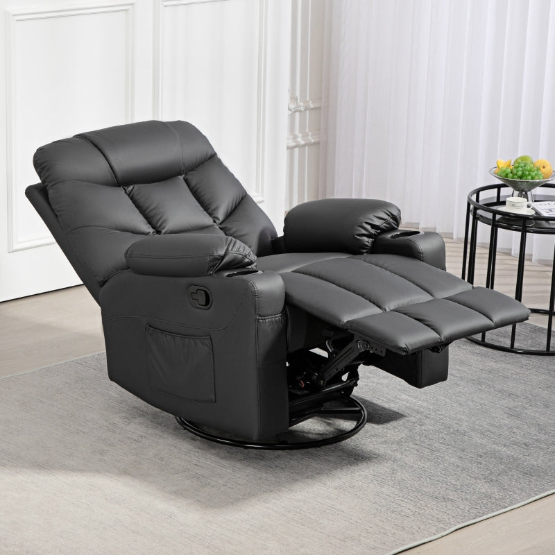Manual Reclining Armchair with Swivel, Faux Leather, Footrest and Cup Holders - Black, 86x93x102cm
