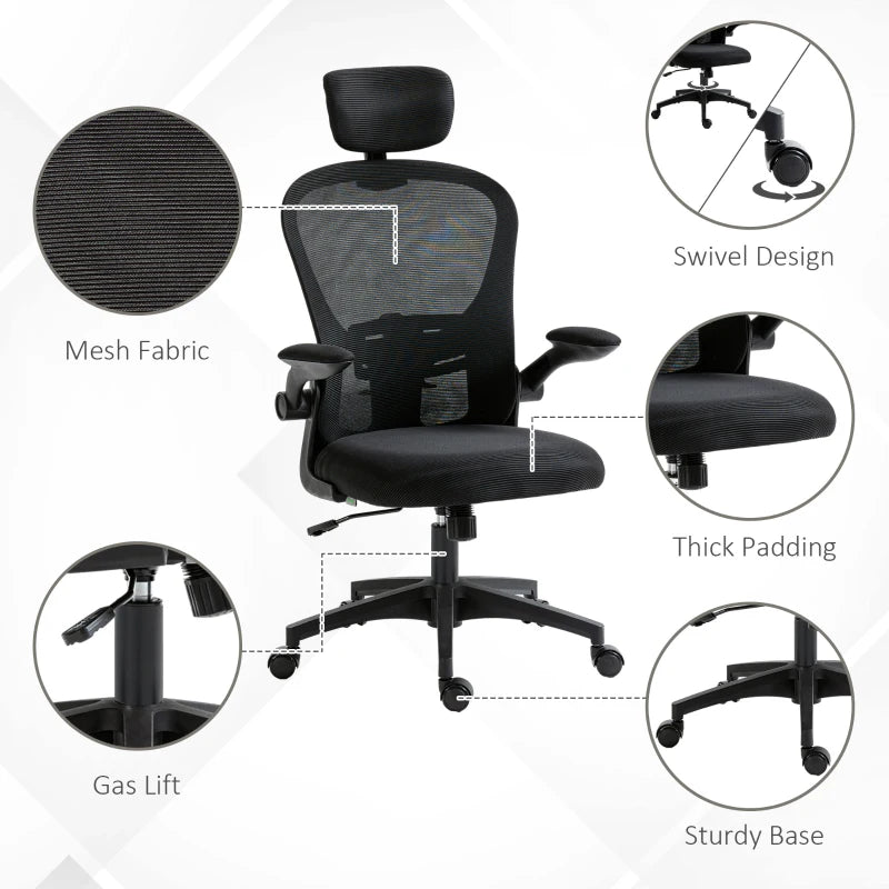 Vinsetto Ergonomic Office Chair with Adjustable Lumbar Support, Headrest & Breathable Mesh Back - Stylish Black Design
