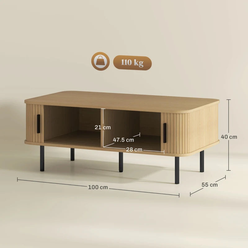 Modern Oak Coffee Table with Storage and Sliding Doors for Living Room