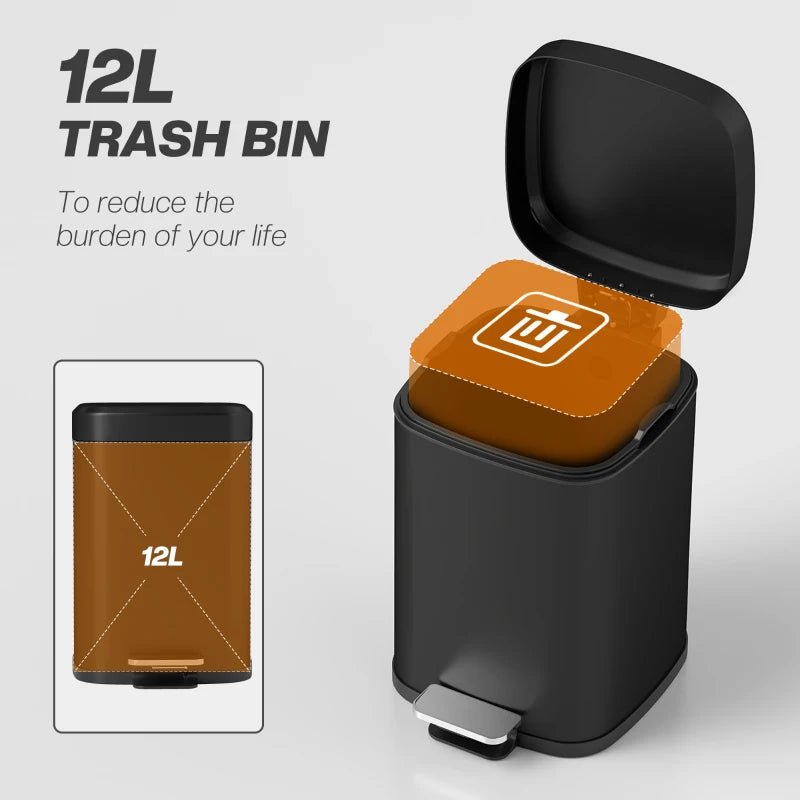 12L Modern Boxy Black Metal Kitchen Bin - Stylish Trash Can for Home Organization and Waste Management