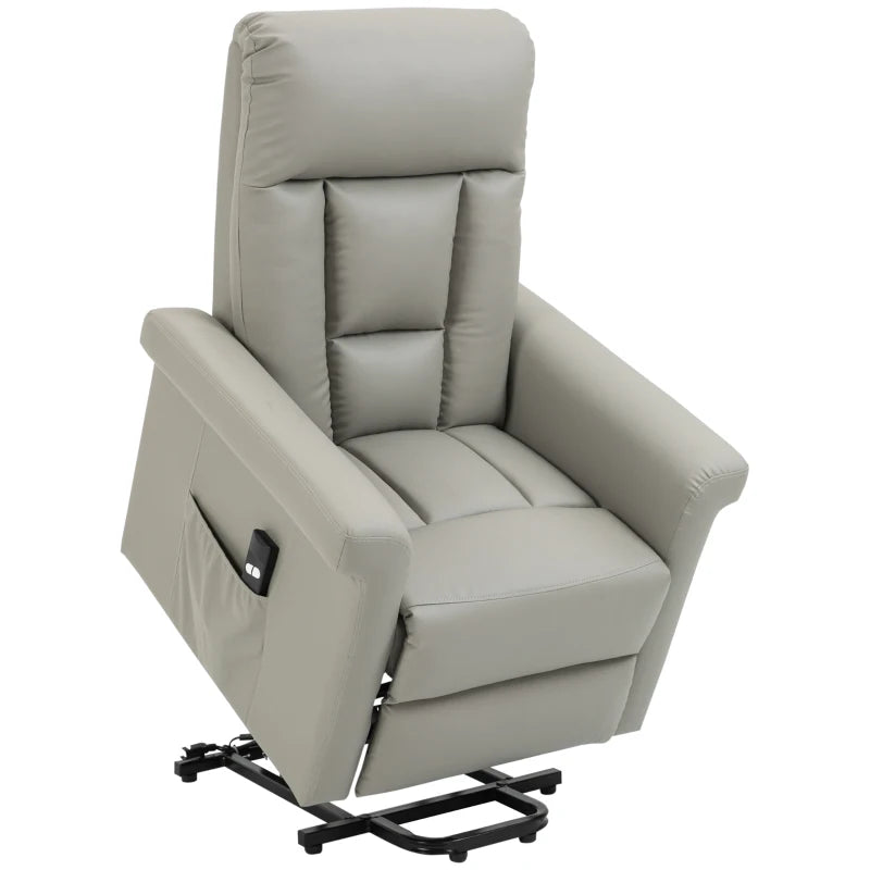Power Lift Recliner Chair for Elderly - PU Leather Armchair with Extended Footrest, Remote Control, Side Pocket, Grey