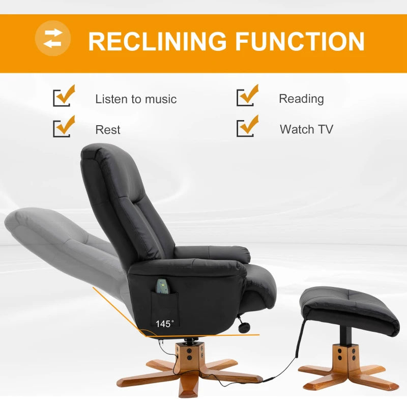 10-Point Massage Recliner Armchair with Footrest in Black PU Leather - Heated Comfort Chair