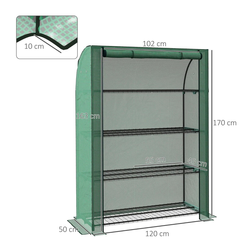 Portable Green 4-Tier Mini Greenhouse with Roll-Up Door, 170x120x50cm