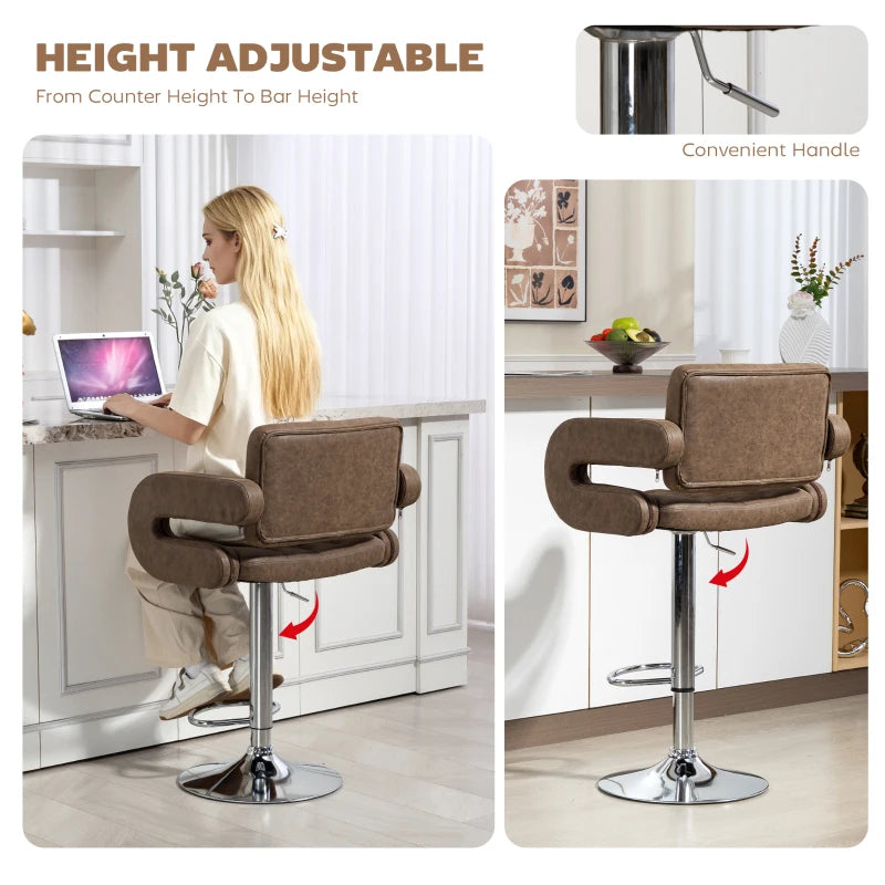PU Leather Swivel Bar Stool - Height Adjustable, Backrest, Armrests & Footrest - Stylish Coffee Color for Home & Bar