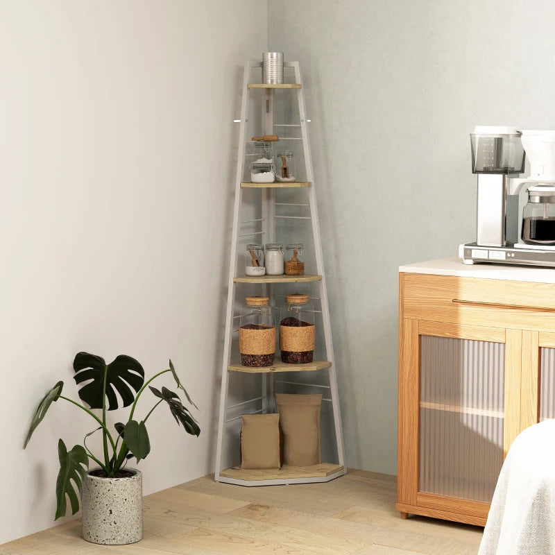 Stylish Five-Tier Corner Shelf - White and Wood-Effect Storage Solution for Home Decor and Organization