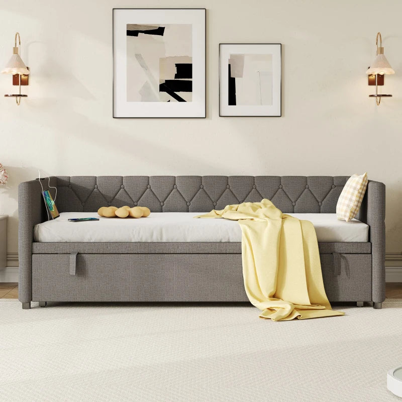 Upholstered Daybed with USB & Type-C Ports, Button-Tufted Trundle Bed for Bedroom & Study, Grey, 206L x 193W x 71H cm