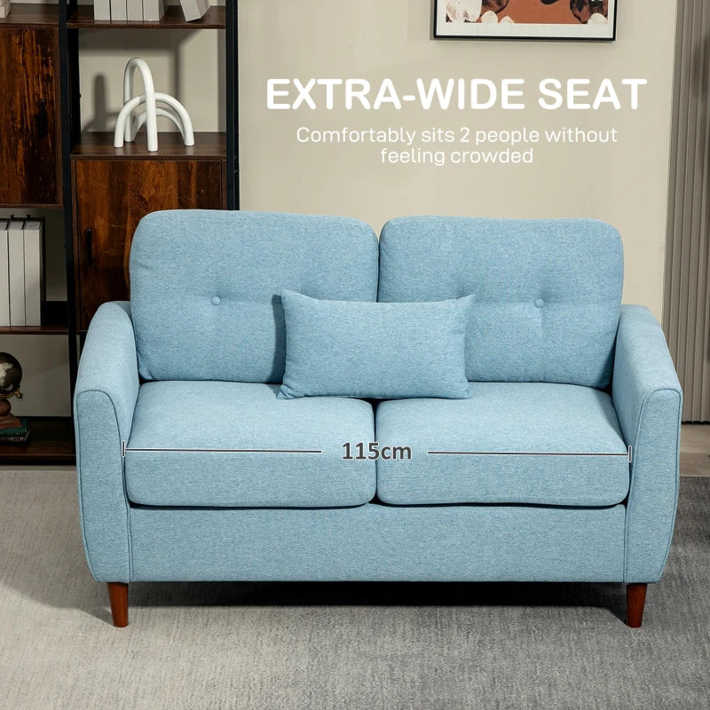 Modern 2 Seater Fabric Sofa with Spring Cushions and Wooden Legs, Tufted Love Seat for Living Room, Light Blue