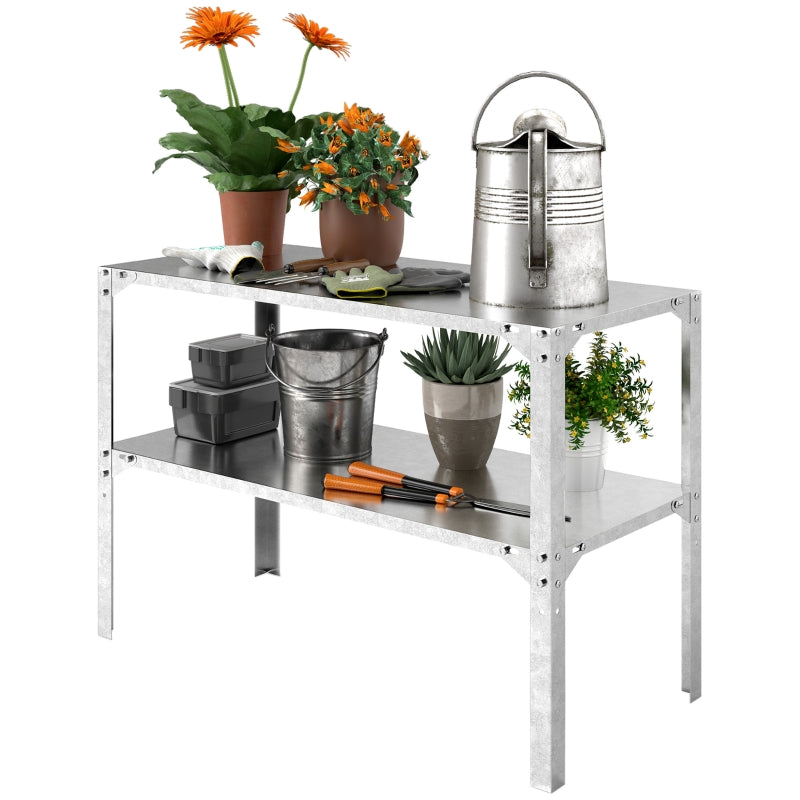 2 Tier Galvanised Steel Potting Bench Table - Silver Tone, 110 x 50 x 75 cm - Outdoor Garden Workstation with Storage Shelf for Patio and Greenhouse
