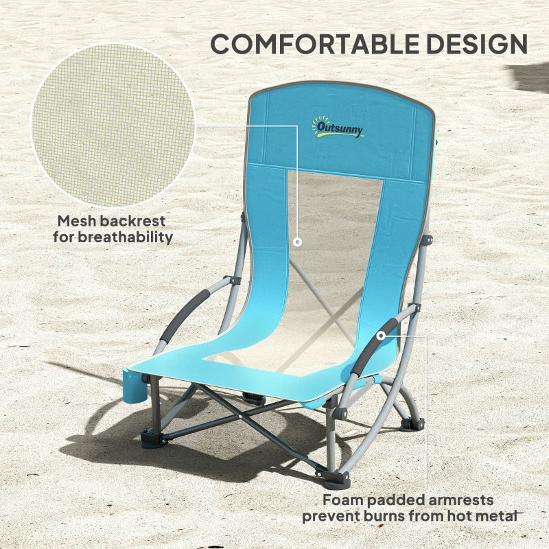 Set of 2 Low Folding Beach Chairs with Mesh Back Carry Bag and Cup Holder for Outdoor Camping Garden Picnic Travel Blue