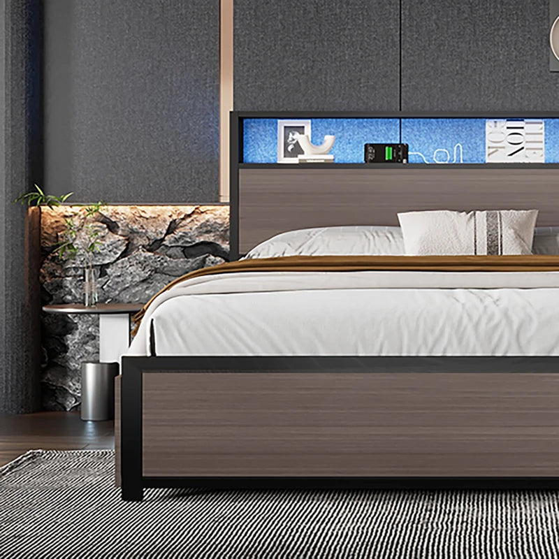 Metal Double Bed with LED Light Strip, 4 Drawers & 3 USB Ports - Stylish Gray Bedroom Furniture, 207x135.5x105 cm