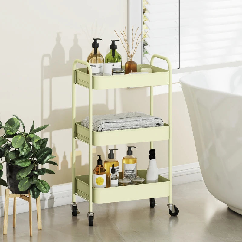 Three-Tier Green Steel Storage Trolley - Versatile Organizer Cart for Home, Office, Kitchen & Garage