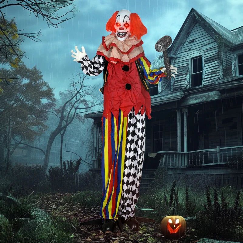 173 cm Life Size Scary Animated Clown with Hammer, Red Light Up Eyes, Sound Activated Arms & Head - Halloween Decoration