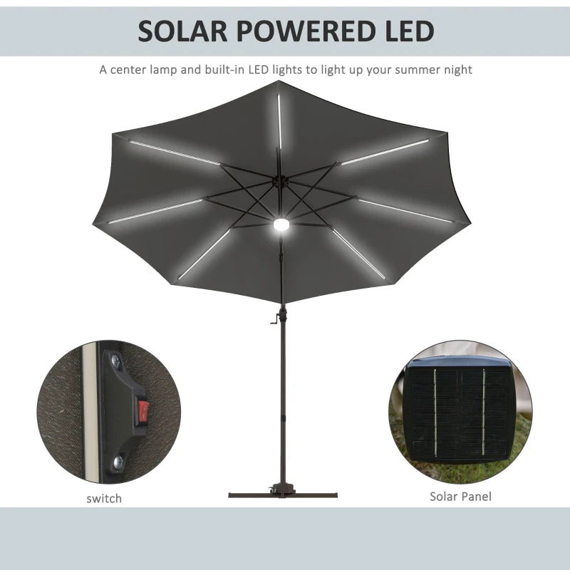 Dark Grey 3m LED Cantilever Sun Umbrella with Solar Lights & Base