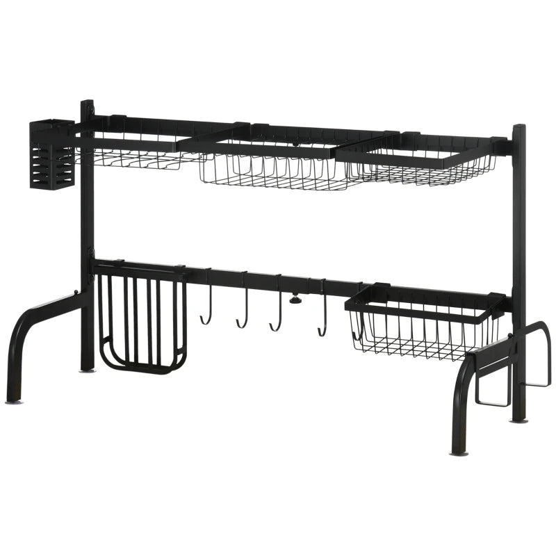 Space Saving 2-Tier Adjustable Dish Drainer Rack Over Sink - Black Dish Drying Organizer for Kitchen