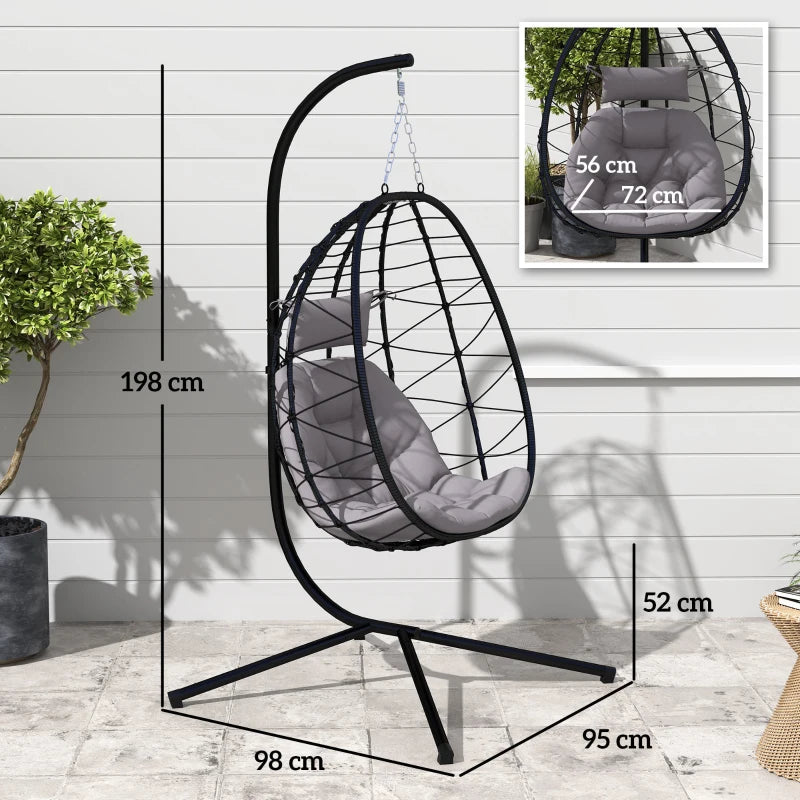 Hanging Egg Chair - Grey Outdoor Indoor Garden Swing Chair with Stand, Thickened Cushion & Headrest - Folding Basket for Patio & Balcony