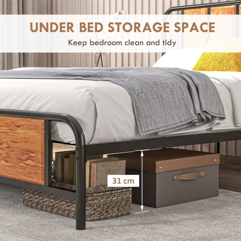 5.2ft King Bed Frame with Industrial Wood Headboard, Steel Slats & 31cm Underbed Storage - Rustic Brown, 160x207cm