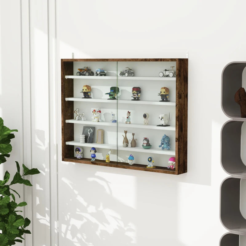 Rustic 5-Tier Wall Display Shelf Unit with 4 Adjustable Glass Doors - 60x80cm Home Office Ornaments Storage