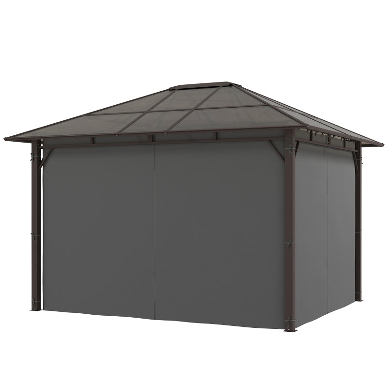 3 x 3.6m Hardtop Gazebo Canopy - Dark Grey Polycarbonate Roof Garden Pavilion with Removable Curtains and Steel Frame