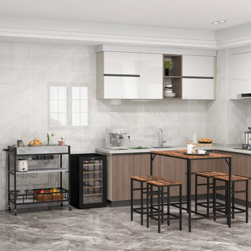 5-Piece Rustic Brown Breakfast Bar Table Set with 4 Stools - Space-Saving Kitchen Dining Furniture for Small Spaces