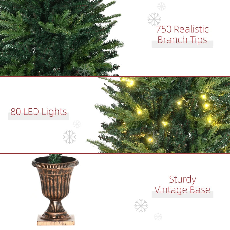 1.2m Pre-Lit Christmas Tree Entrance Décor - 4ft Xmas Tree with 750 Tips & 80 LED Lights in Vase Base