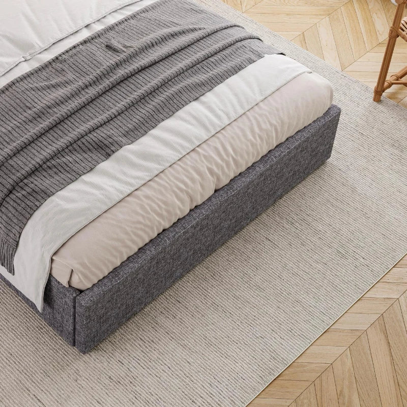 Upholstered Storage Bed with 4 Drawers - Double Bed with Iron Frame & Wooden Slats, Grey, 193.5 x 141 x 30 cm