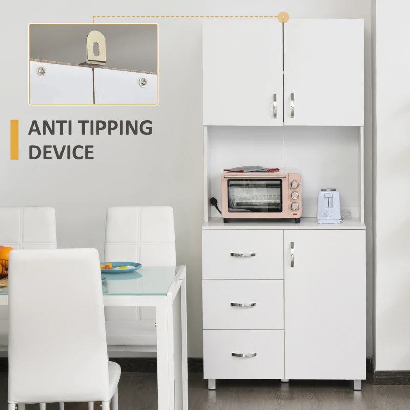 Free Standing Kitchen Cupboard - White Storage Cabinet with Doors, Shelves, 3 Drawers & Adjustable Height - Versatile Kitchen Organizer