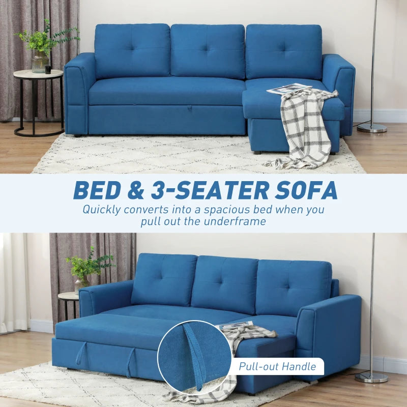 L-Shaped 3-Seater Sofa Bed with Storage – Convertible Click Clack Futon for Living Room, Dark Blue