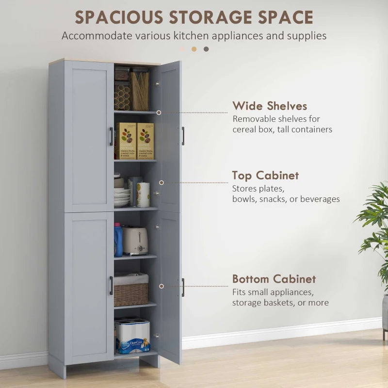 Modern Freestanding Kitchen Cupboard - 4-Door Storage Cabinet with Adjustable Shelves, 170cm Grey Pantry for Dining Room