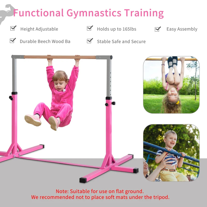 Height Adjustable Gymnastics Horizontal Bar for Kids Junior Fitness Equipment Pink