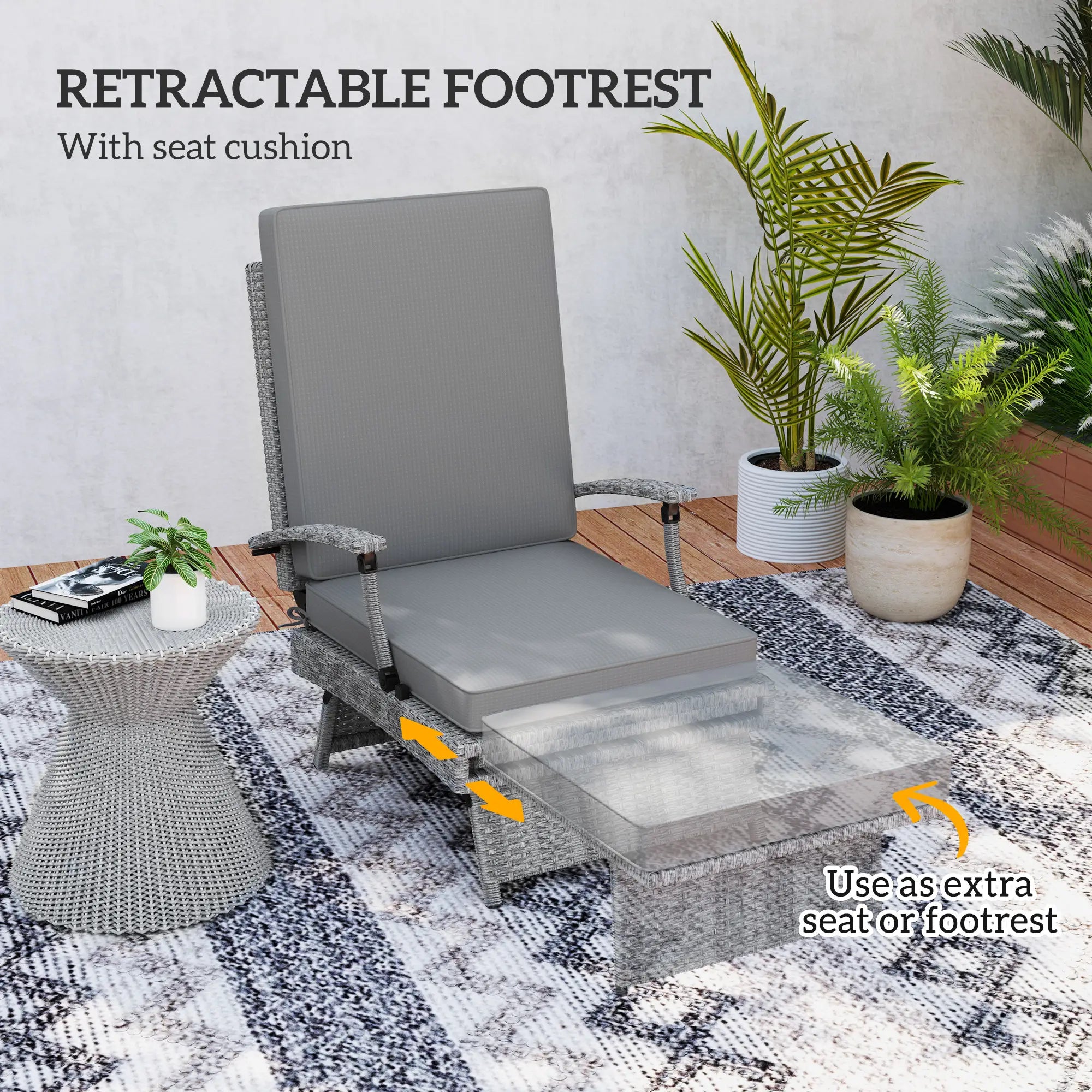 80° Reclining Rattan Lounger With Padded Cushions - Grey