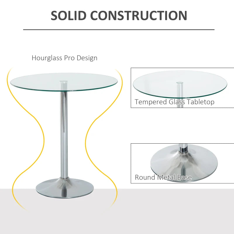 Modern Round Dining Table with Tempered Glass Top & Steel Base - Space Saving Small Bar Table for Dining Room