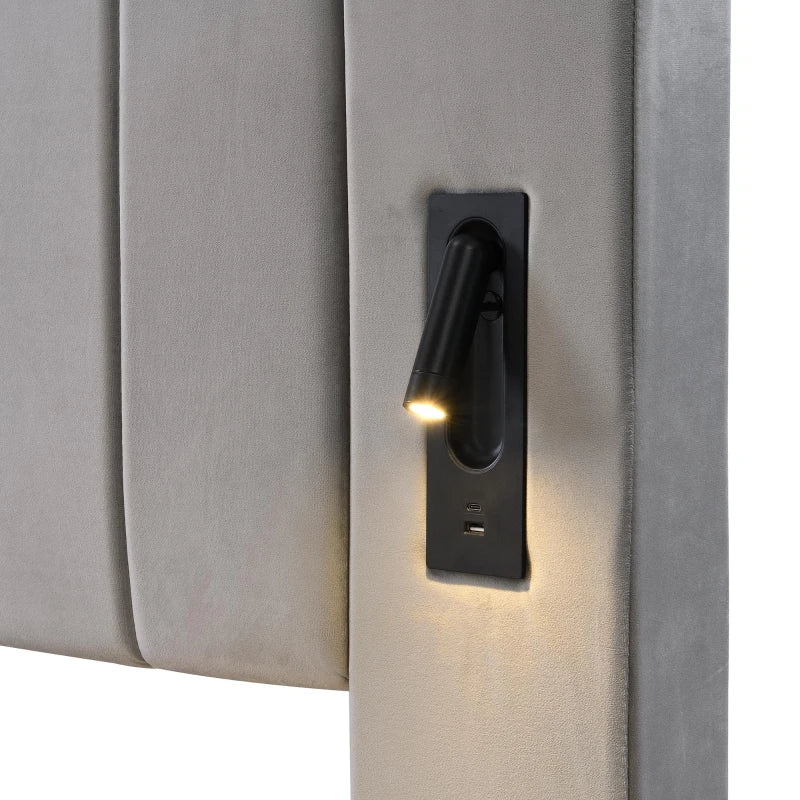 Stylish King Size Upholstered Bed with Stereo and USB Charging Ports Velvet Iron Frame Grey