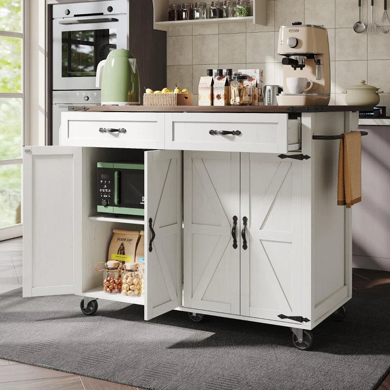 Farmhouse Style Kitchen Island Trolley - Adjustable Shelf, Cabinets & Drawers, Modern Rolling Storage Cabinet, White, 140x73x90.5 cm