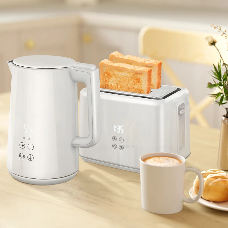Polished Stainless Steel White Kettle and Toaster Set - Modern Kitchen Appliances for Stylish Cooking and Brewing