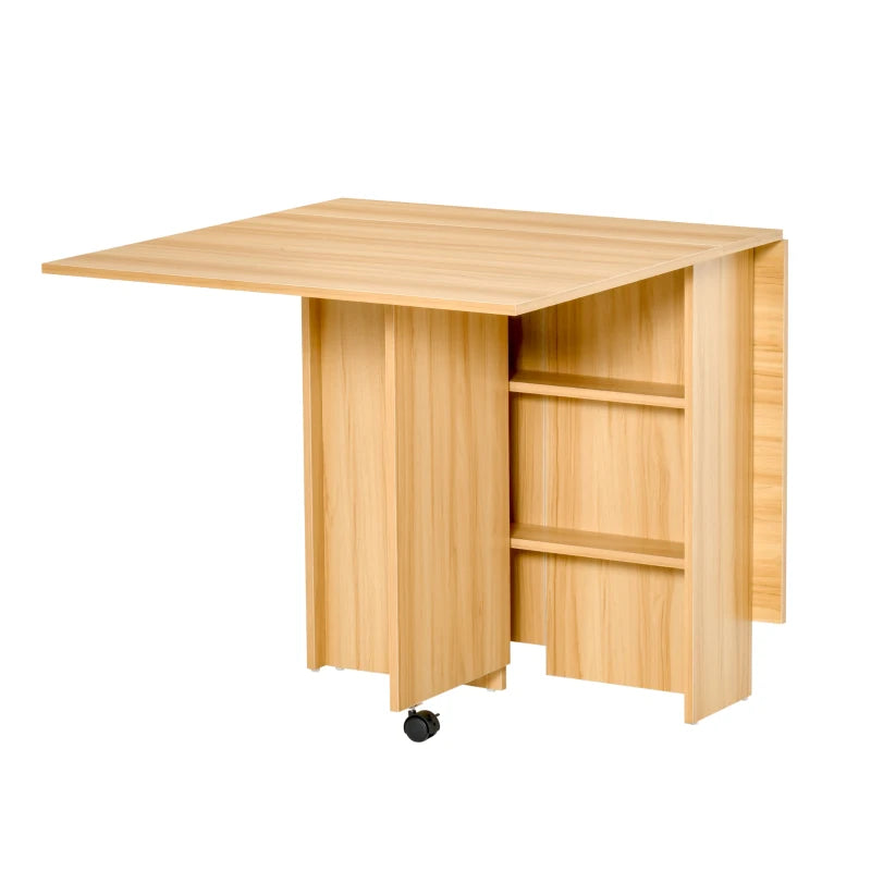 Folding Dining Table with Drop Leaf - Space-Saving Rectangular Tabletop & Storage Shelves for Kitchen & Dining Room - Teak Finish
