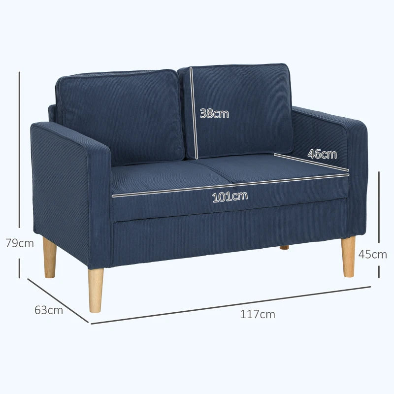 Small Blue Corduroy Two-Seater Sofa for Compact Living Spaces
