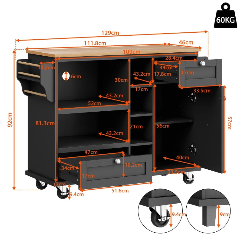 Mobile Kitchen Trolley with 5 Wheels, Drawers & Cupboards - Wooden Food Cart for Kitchen Organization, 129L x 46W x 92H cm, Black