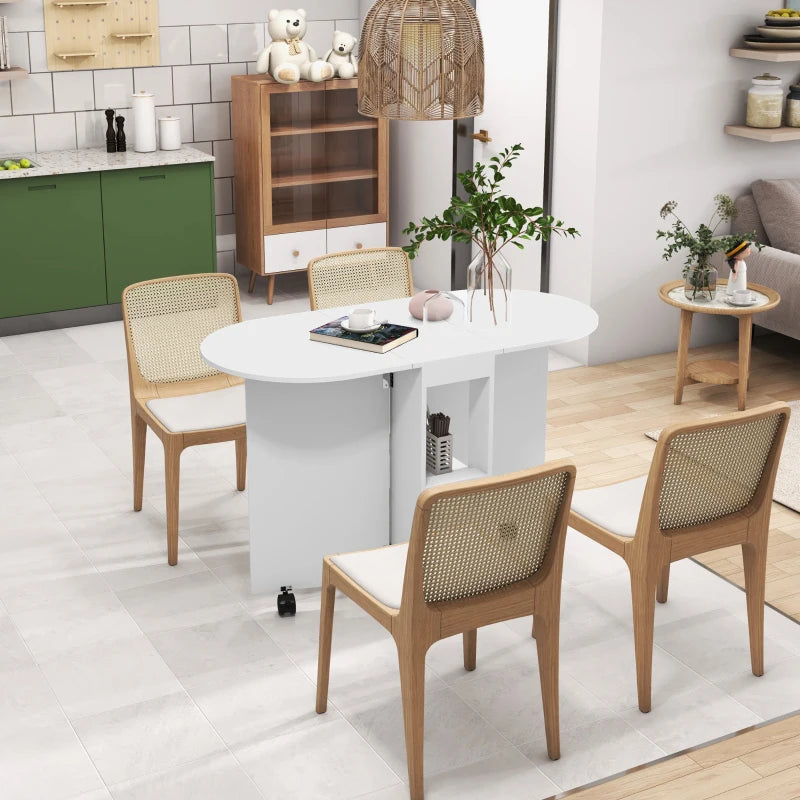 Versatile Four-Person Drop Leaf Dining Table on Wheels - Stylish White Finish for Space-Saving Dining Solutions