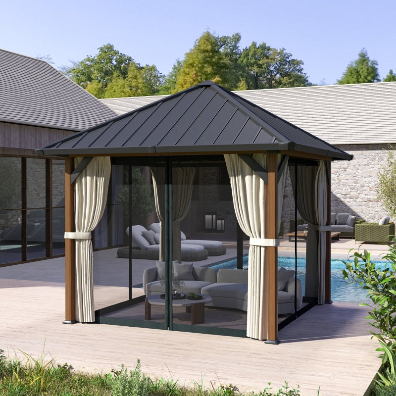 3x3m Hardtop Gazebo - Waterproof Galvanised Steel Roof Pavilion with Netting and Curtains - Walnut Wood Finish Garden Canopy