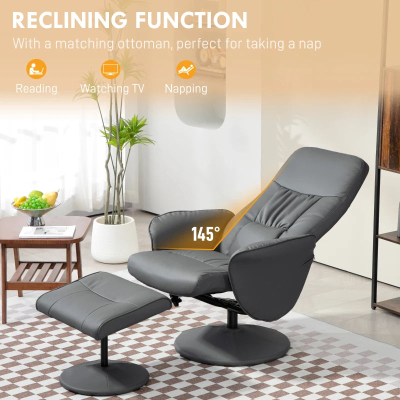 Stylish Grey Swivel Recliner Chair with Footstool - PU Leather Armchair for Living Room Comfort