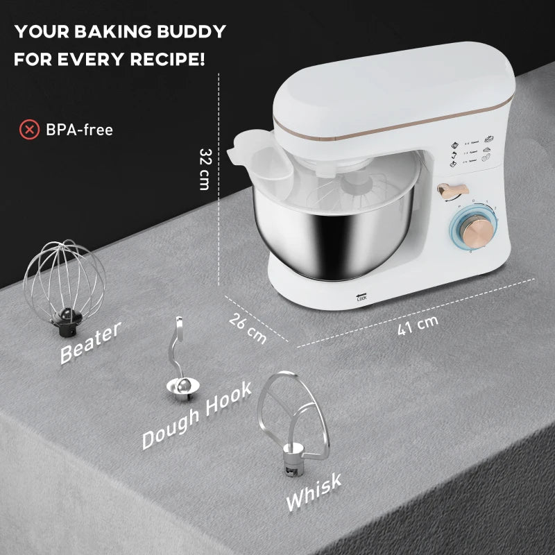 5L Stand Mixer for Baking - 1400W Electric Kitchen Mixer with 6 Speeds, Dough Hook, Whisk & Stainless Steel Bowl - White