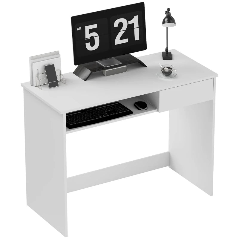 100cm Compact Computer Desk with Keyboard Tray & Drawer - Stylish Home Office Desk for Bedroom Study, White Finish
